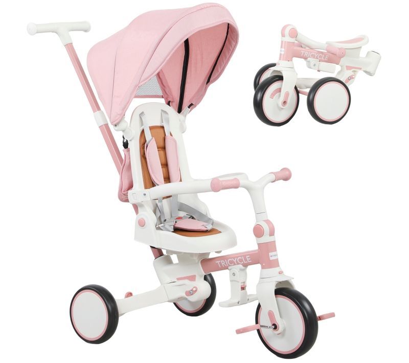 Tricycle Bébé 5-en-1 Rose Avec Guidon Amovible Et Siège Réglable
