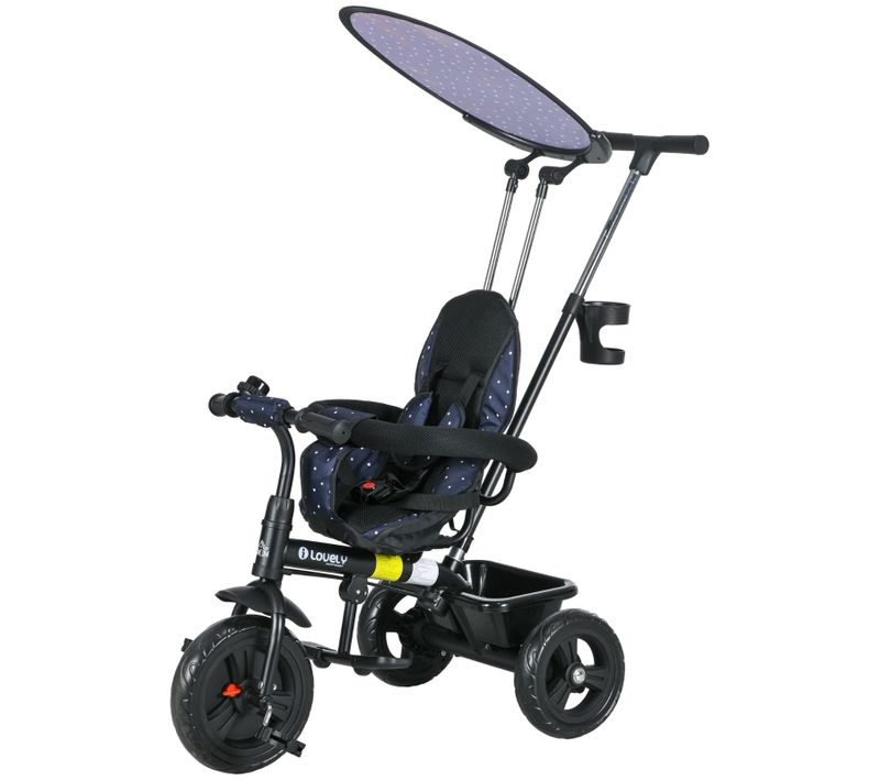 Tricycle Enfant 6-en-1 Bleu Foncé Avec Toit, Guidon Parent Et Panier 1-5 Ans
