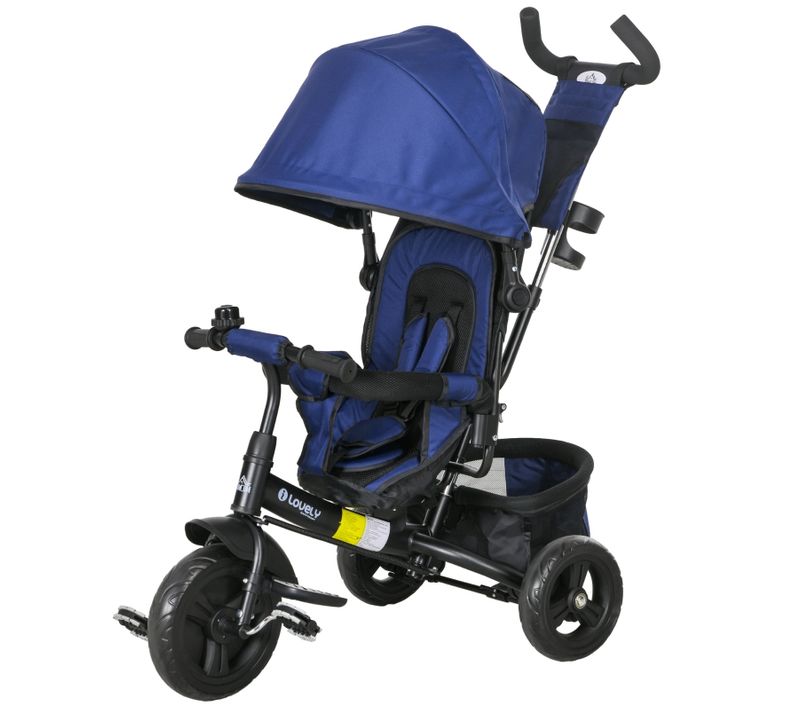 Tricycle 6-en-1 Enfant Bleu Foncé Avec Canopy Amovible, Panier Et Harnais 5 Points