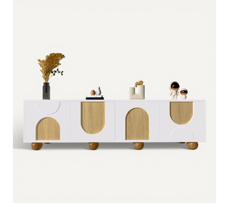 Meuble TV 4 Portes Avec Design Vintage Bois Naturel Et Blanc 175 Cm