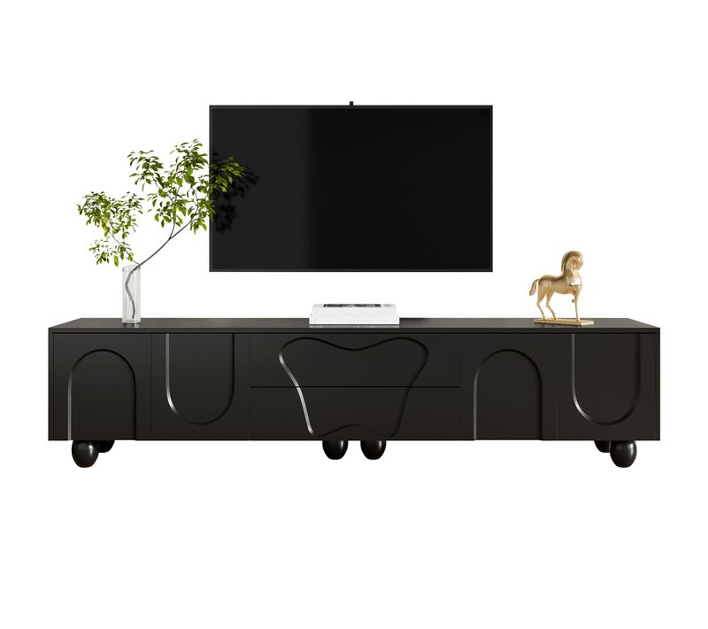 Meuble TV Noir 180 Cm Avec Pieds En Bois Massif Et Grand Rangement