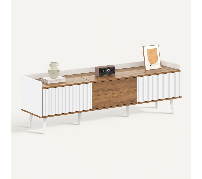Meuble TV 160 Cm Blanc Et Bois Naturel Avec 3 Portes Et Rangement