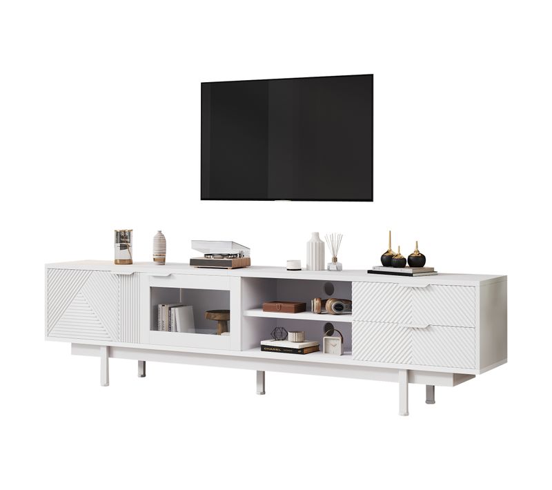 Meuble TV Blanc Moderne 200 Cm Avec 2 Portes, 2 Tiroirs Et Grand Rangement