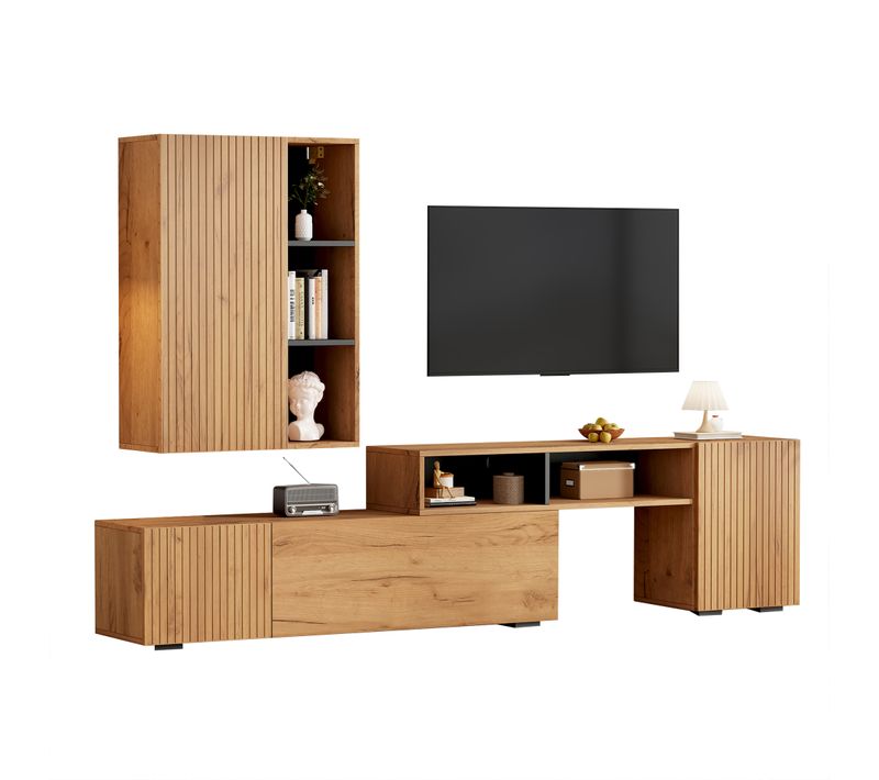 Ensemble Meuble TV Modulable 174-265 Cm Bois Et Noir Avec Vitrine