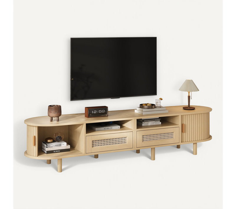 Meuble TV Ovale 170 Cm Bois Clair Avec Rattan, 2 Tiroirs Et Portes Coulissantes Pour TV 70''