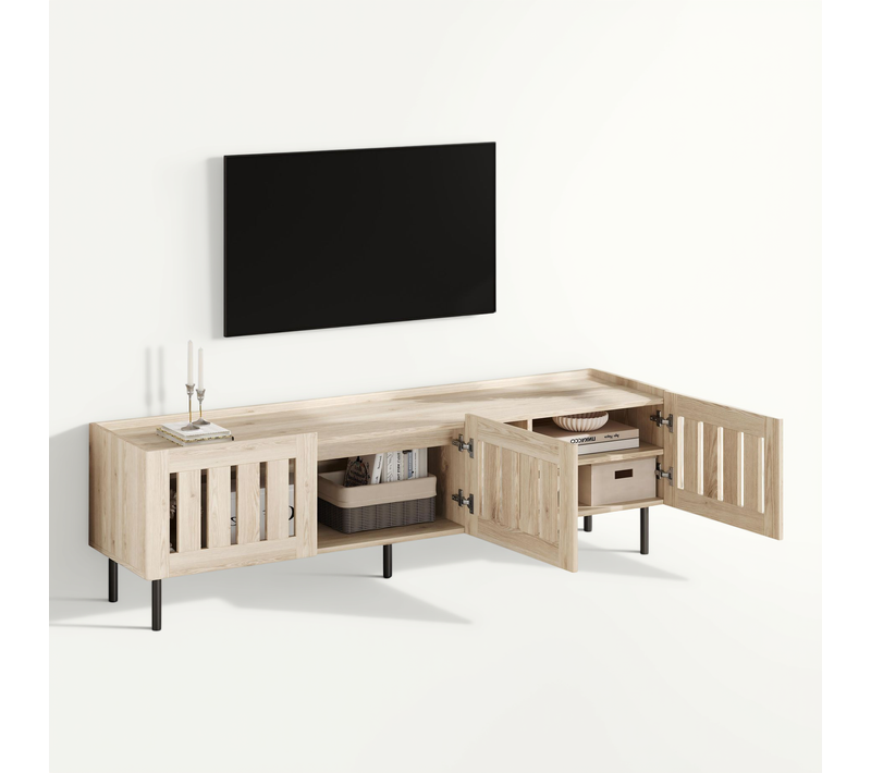 Meuble TV 160 Cm En Bois Naturel Avec Rangement Et Design Ajouré Pour 65 Pouces