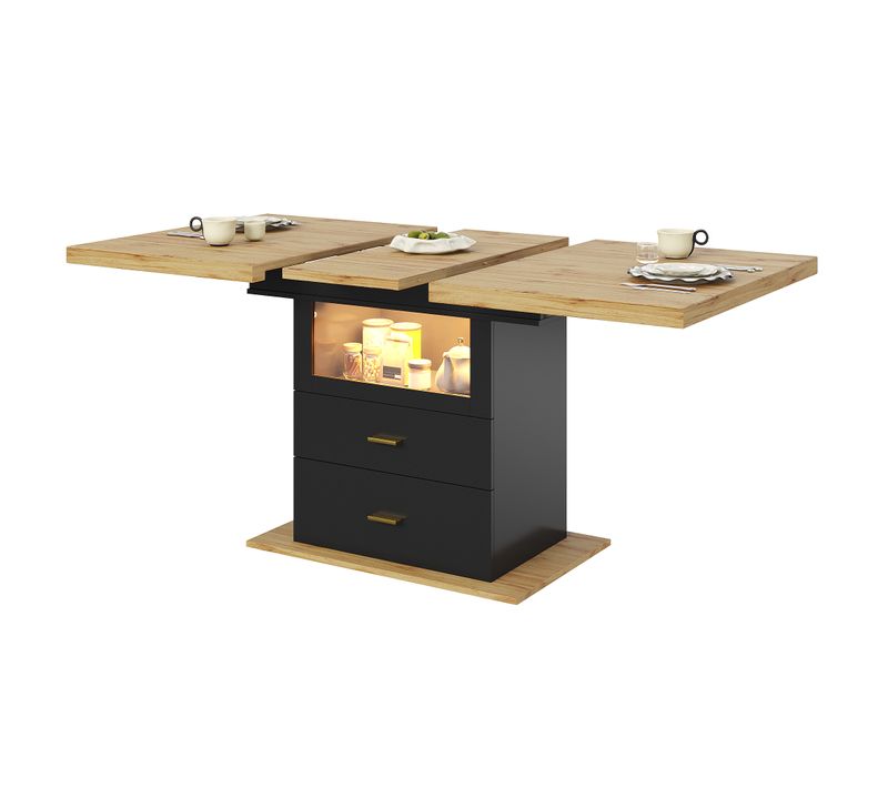 Table Extensible Noire 110-140 cm Avec LED, Plateau Bois Et Rangement Intégré