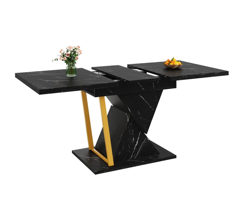Table Extensible Aspect Marbre Noir 110-140 Cm, Plateau Mdf, Pieds Renforcés Et Rangement Discret