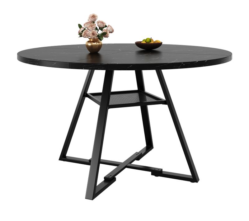 Table Ronde 120 Cm Noire Style Marbre Avec Pieds Métal Et Rangement