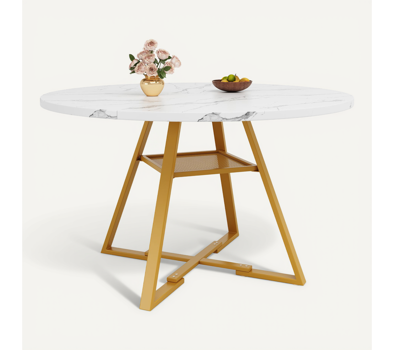 Table Ronde 120 Cm Blanche Effet Marbre Avec Pieds Métal Doré Et étagère