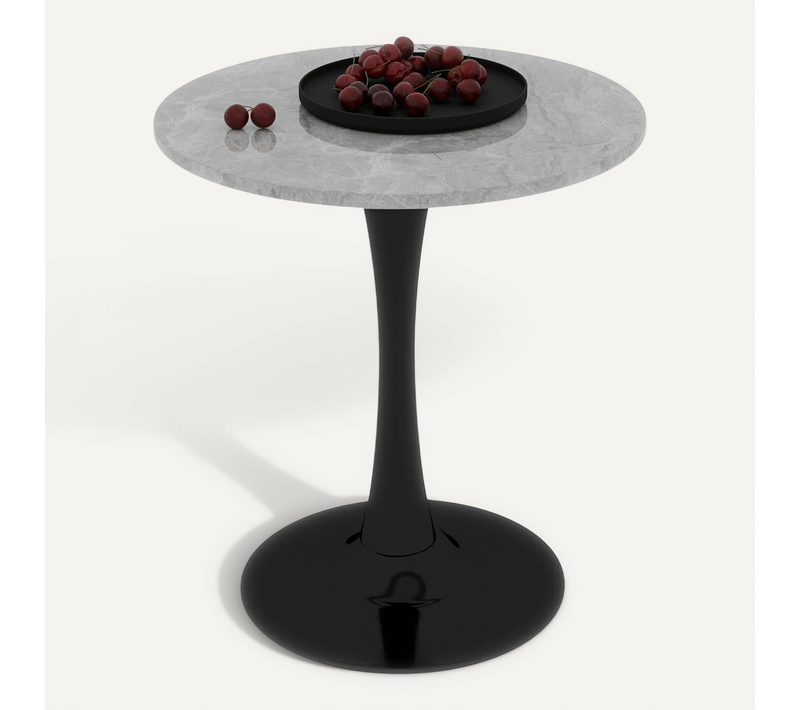 Table Ronde 70 Cm Style Mid-century Avec Plateau Marbre Gris Clair Et Pieds Noirs