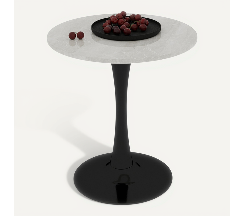 Table Ronde 70 Cm Style Mid-century Avec Plateau Marbre Crème Veiné Et Pieds Noirs