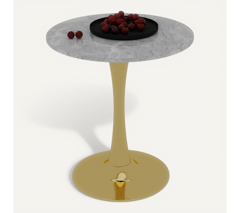 Table Ronde 70 Cm Style Mid-century Avec Plateau Marbre Gris Clair Et Pieds Dorés