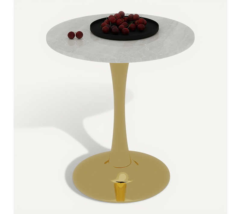 Table Ronde 70 Cm Style Mid-century Avec Plateau Marbre Crème Et Pieds Dorés