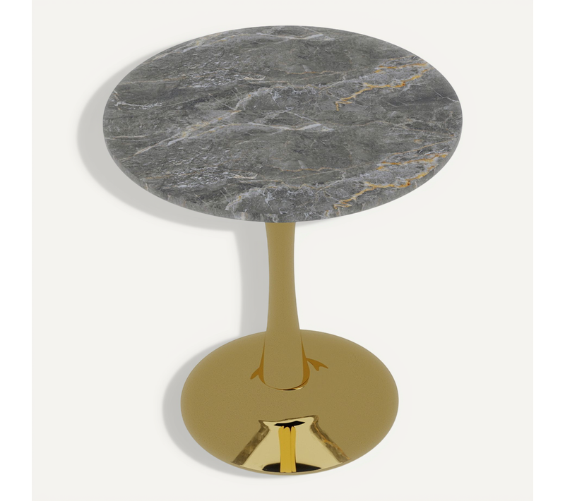Table Ronde 70 Cm Style Mid-century Marbre Gris Veiné Et Pieds Dorés