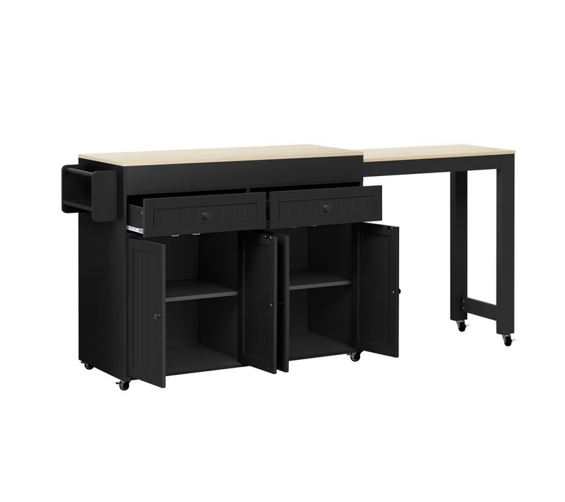 Desserte De Cuisine Mobile Noir Et Naturel Avec Plan Extensible Et Rangements