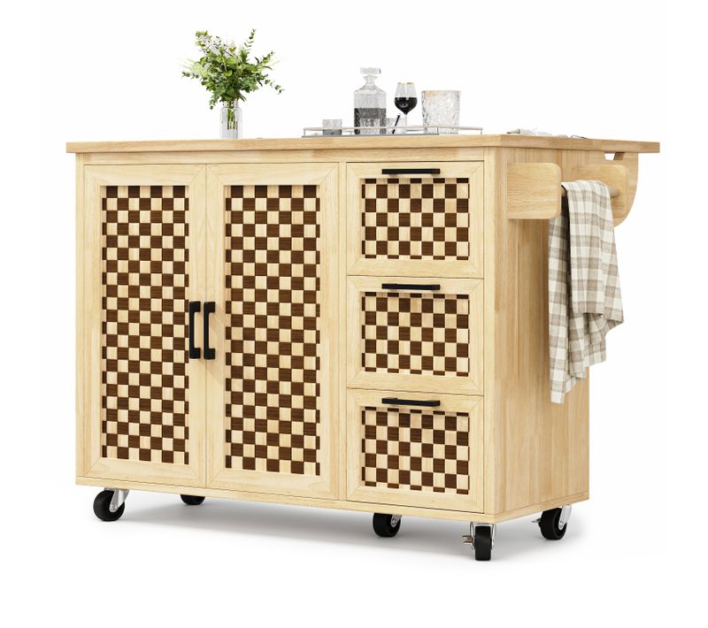 Desserte De Cuisine Mobile Avec Tiroirs, Portes Et Motif Échiquier Bois 120x45x92 Cm