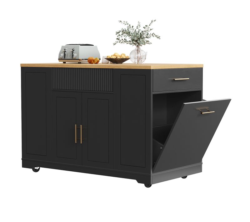 Desserte De Cuisine Mobile Noir 120x50x92 Cm Avec Tiroirs Et Espace Poubelle