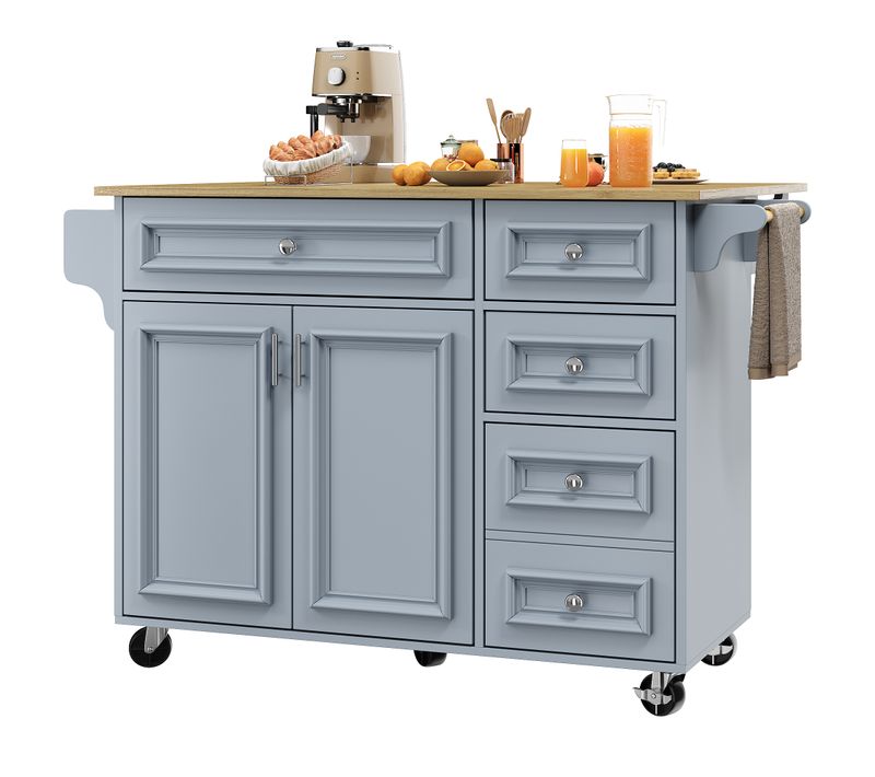 Desserte De Cuisine Multifonction 110×45-75×92 Cm Avec Table Pliante Et Rangement, Bleu