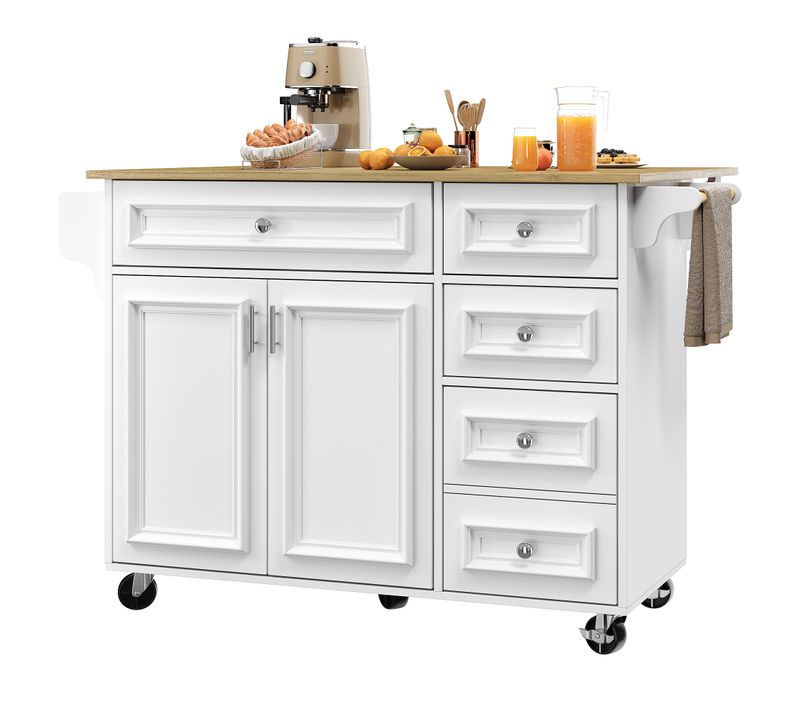 Desserte De Cuisine Multifonction 110×45-75×92 Cm Avec Table Pliante Et Rangement, Blanc