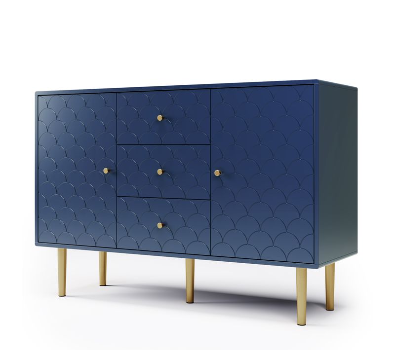 Meuble Buffet Bleu Marine Motif Écailles, 2 Portes Et 3 Tiroirs, 120 Cm