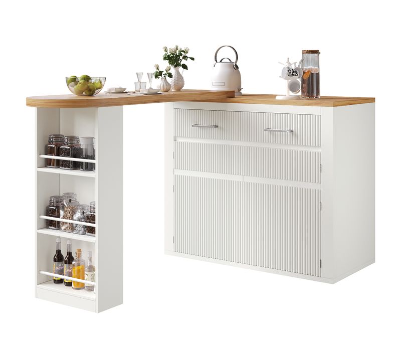 Table De Bar Mobile Extensible 137-215cm Avec Tiroir, Étagères Et Rangement, Blanc