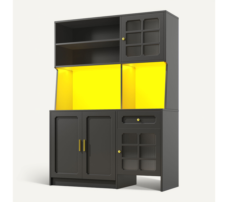 Grand Meuble De Cuisine 130x45x180cm Avec LED, Portes Vitrées Et Rangement, Noir