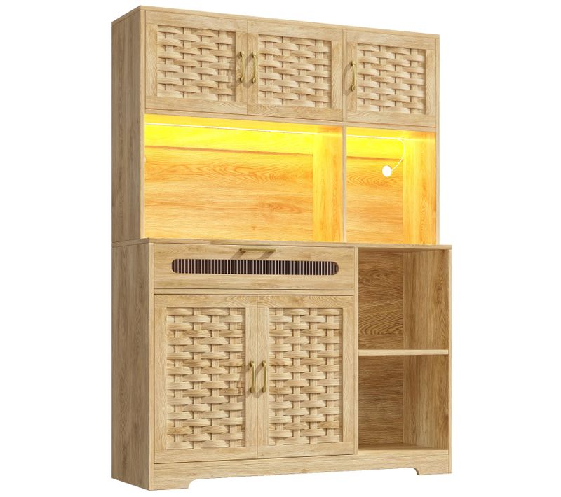 Buffet Haut LED 120×40×180 cm, Vitrines Tissées Mdf Pour Cuisine, Salon Ou Bar