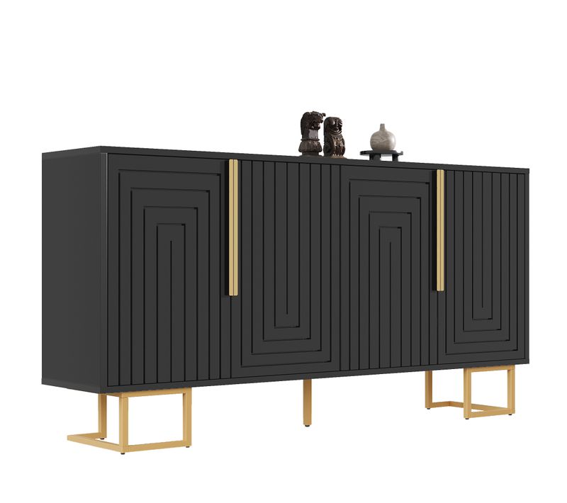 Buffet Noir Géométrique Avec Poignées Et Pieds Dorés 152×40×75 Cm