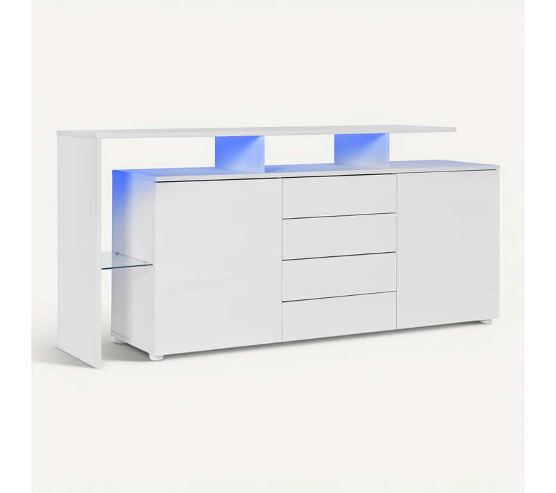 Buffet Blanc Brillant Avec LED, Rangement Modulable Et Meuble TV 160×35×70 Cm