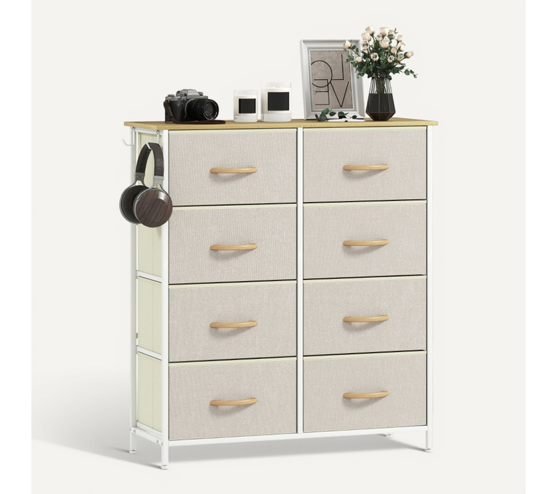 Commode De Chambre Beige à 8 Tiroirs En Tissu Avec Structure Métal Et Rangement Latéral