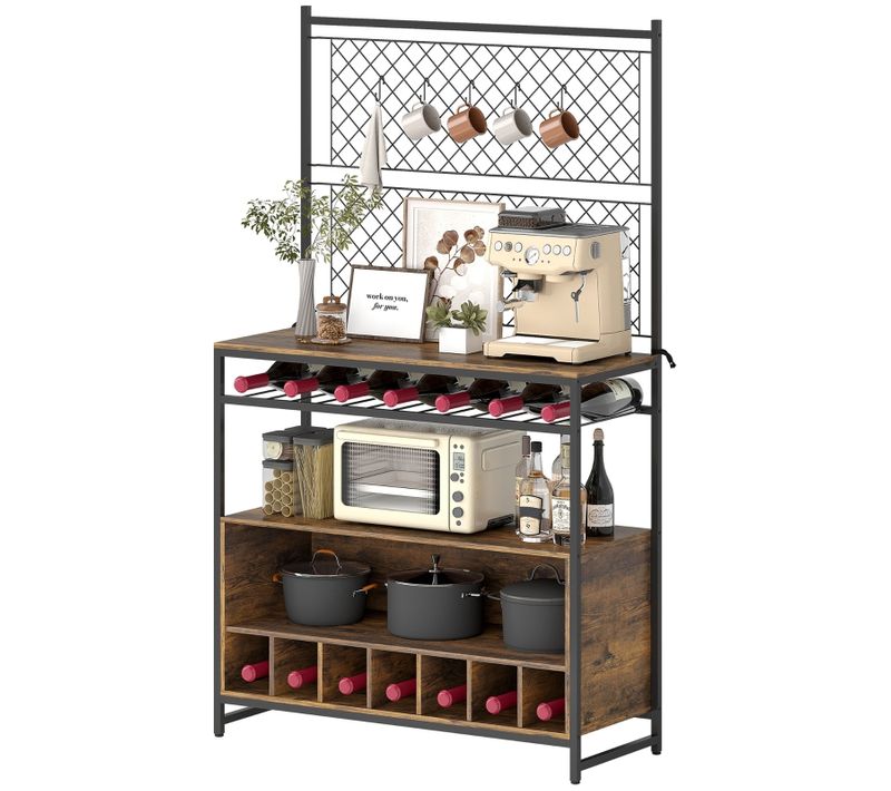 étagère De Cuisine Avec Plan De Travail, Porte-bouteilles Et Crochets, Style Industriel Brun