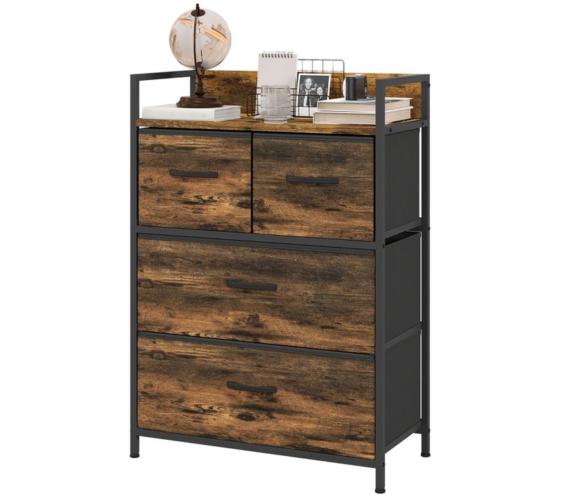 Buffet Industrielle 4 Tiroirs En Tissu Avec Structure Métal, Brun Et Noir