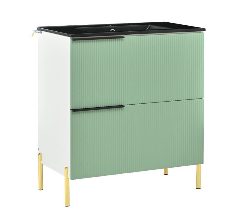 Meuble Sous-vasque Salle De Bain 81,5 Cm Avec Lavabo Céramique Et Rangements, Vert Moderne
