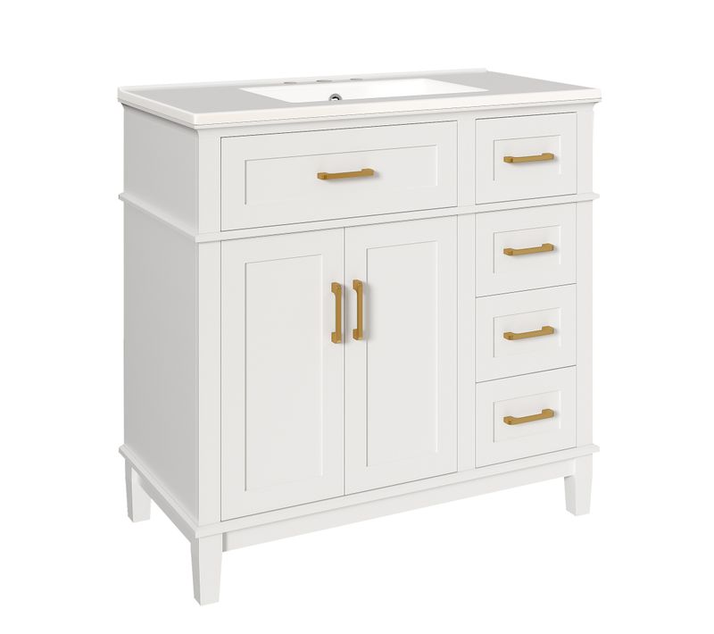 Meuble Salle De Bain Sur Pied 90 Cm Blanc Laqué Avec Vasque Céramique Et Rangements Multiples