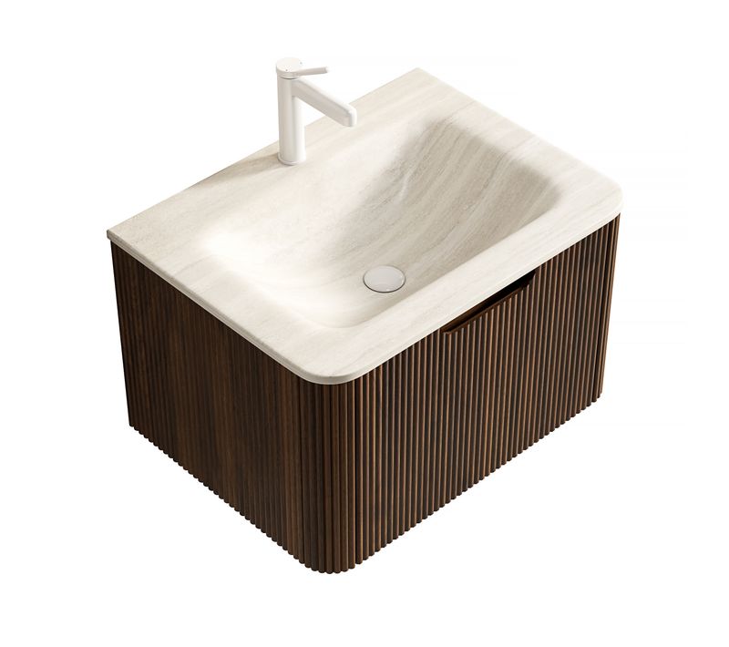 Meuble Suspendu 60 cm Pour Salle De Bain Avec Lavabo Intégré Roma Travertin Et Tiroir LED