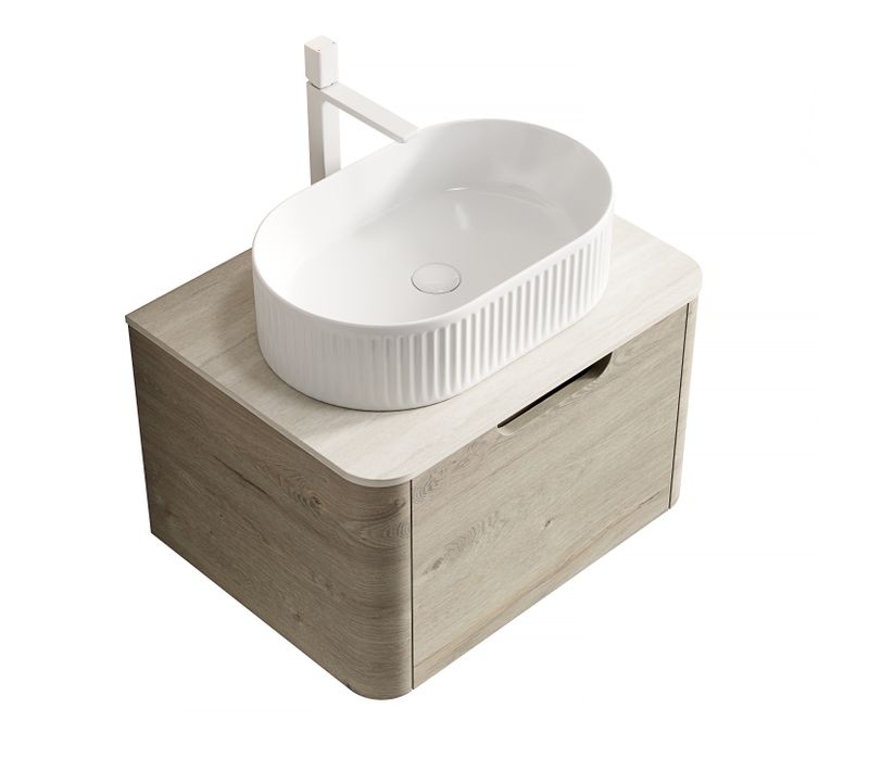 Meuble Vasque Suspendu 60 Cm Prémonté Avec Vasque Ovale Blanche Et Plateau Travertin Chêne Crème