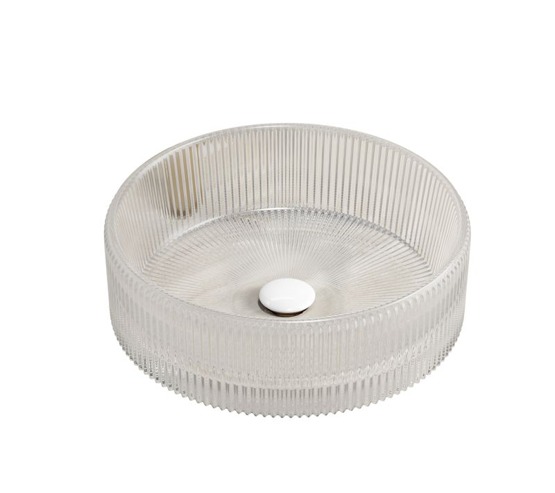 Vasque à Poser Ronde 36 Cm En Verre Cristal Transparent Strié Sans Robinet