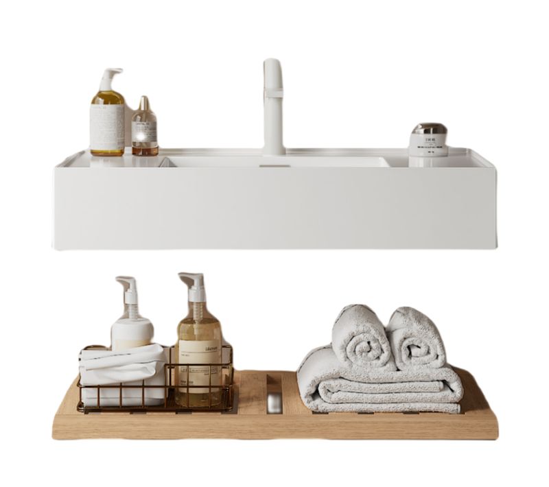 Meuble Vasque Suspendu 75 Cm Avec Vasque Rectangulaire Blanche Et étagère Bois Naturel
