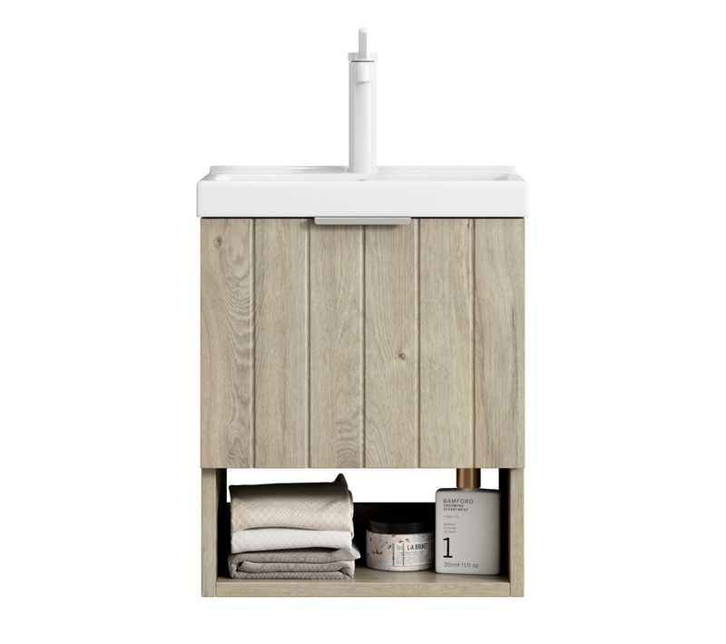Meuble Lave-mains Mural 42 Cm Avec Vasque Céramique Blanche, Portes Bois Et Étagère Ouverte