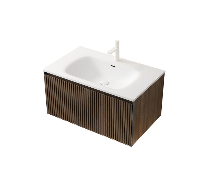 Meuble Vasque Mural 80 Cm Avec Lavabo Céramique Blanc Et Placage Bois Chêne