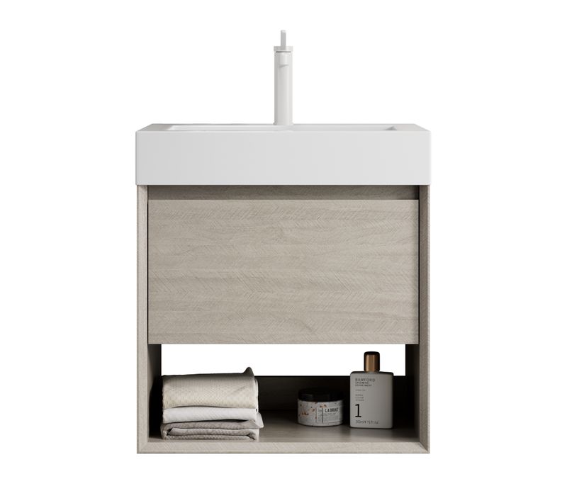 Meuble Vasque Mural 55 Cm Avec Lavabo Résine Blanc Et Placage Bois Chêne Clair