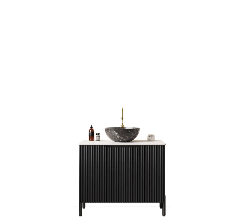 Meuble Vasque Autoportant 76 Cm Avec Lavabo Noir Et Plan En Pierre Carrara