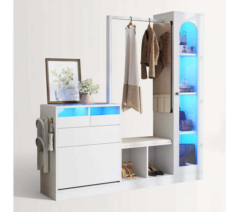 Vestiaire D’entrée 6-en-1 Avec Coiffeuse, Banc à Chaussures, Vitrine Et LED Colorée