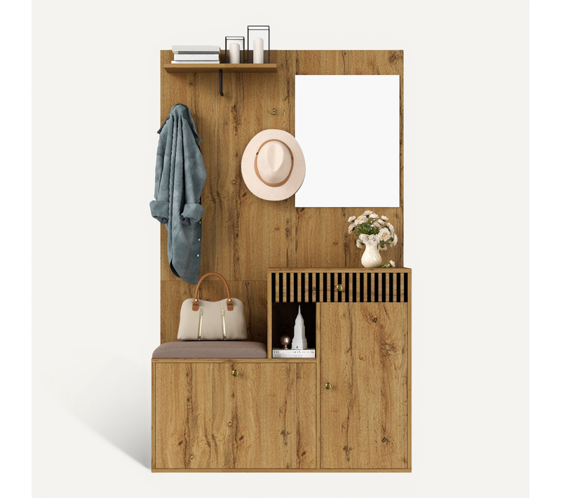 Vestiaire D’entrée Avec Miroir Et Coussin, Meuble D’entrée élégant 110x185,5x37 Cm