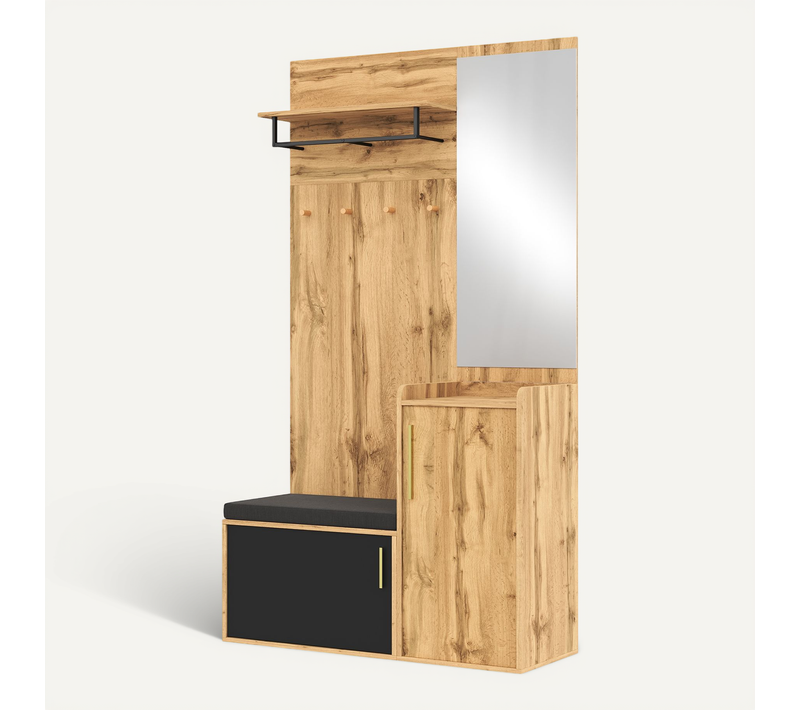 Vestiaire D’entrée Avec Miroir, Siège Rembourré Et Rangement Chaussures Bois/noir