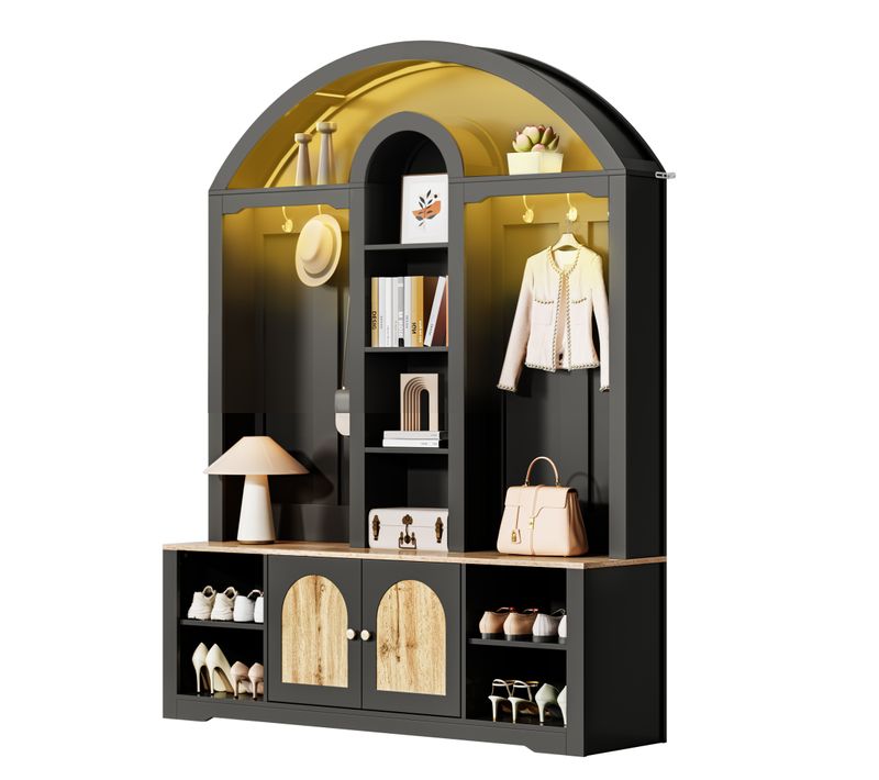 Vestiaire Multifonction Noire Avec Portes Bois, Étagères Et Crochets