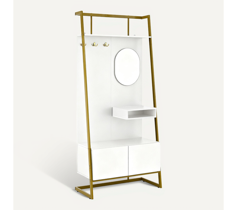Garde-robe Compacte Moderne Avec Miroir, Banc Et Crochets Métalliques