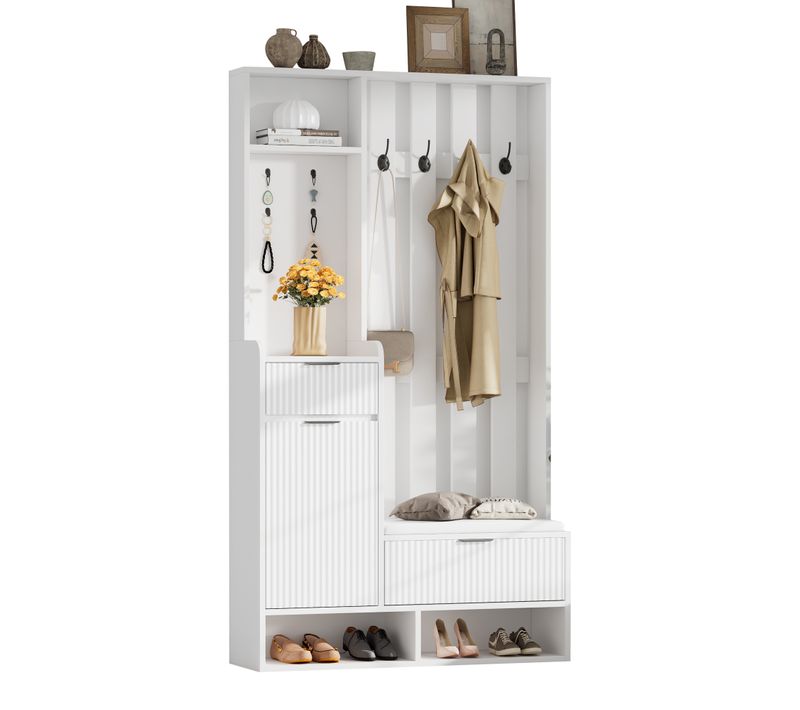 Vestiaire D’entrée Compact 6-en-1 Blanc 100 X 30 X 180 Cm Avec Banc, Tiroirs, Placard Et Crochets