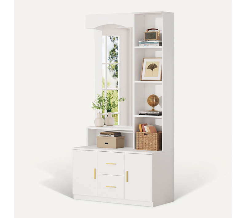 Vestiaire D’entrée Multifonction Blanc Avec Miroir, Rangements Fermés, Tiroirs Et étagères Intégrées